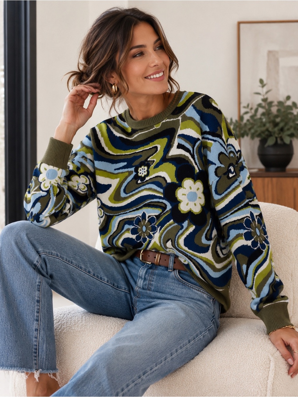 Sunday Best Abstract Floral Knit Sweater Retro Mod Crewneck Pullover Size 3